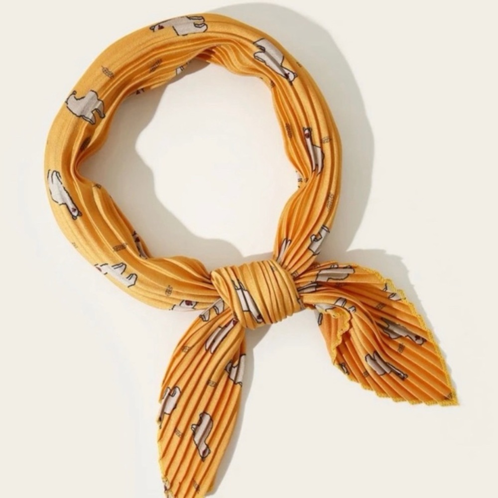 Gorgeous Mustard Yellow Accordion Pleat Neckerchief With Tiny Cute Llama Print